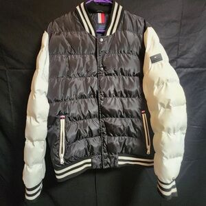 Tommy Hilfiger Jacket Men’s Large Black Quilted Puffer Bomber Varsity Full Zip